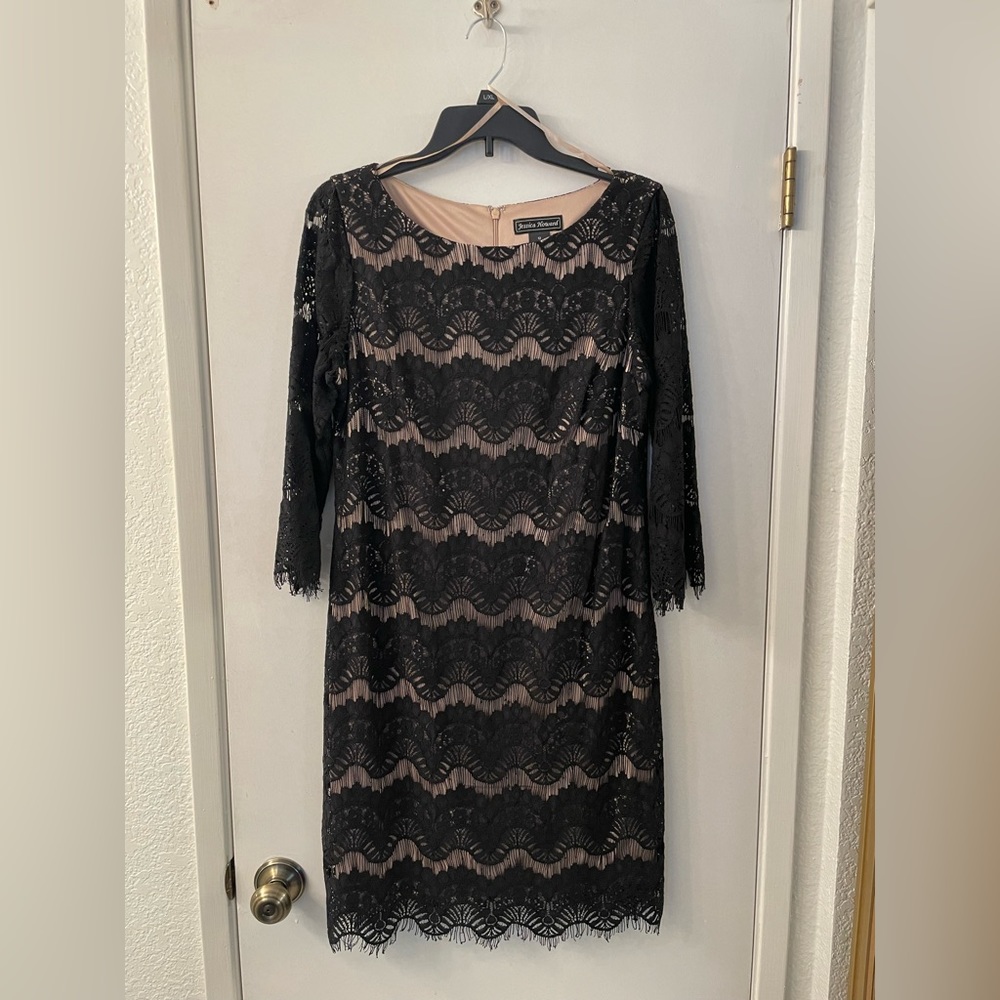 Jessica Howard black lace dress with 3/4 length sleeves. Size 12